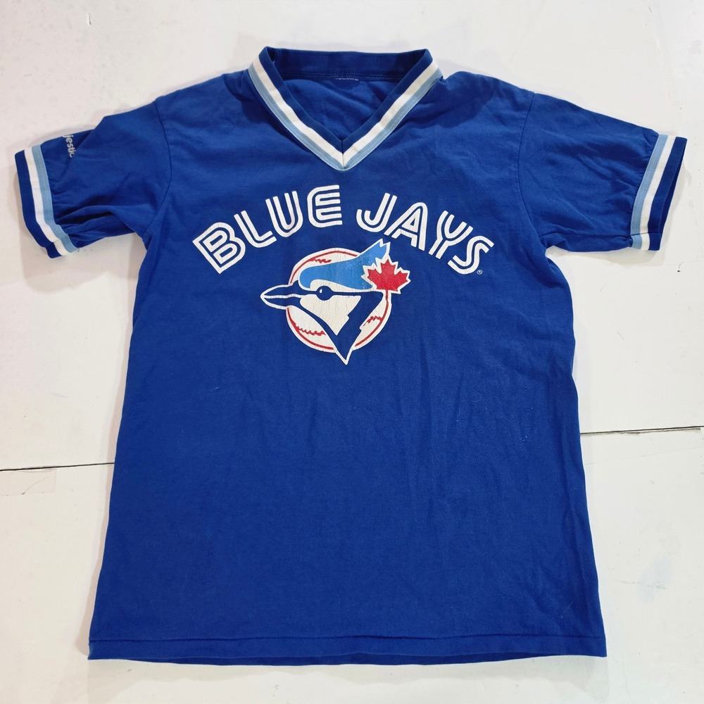 Vtg Majestic Toronto Blue Jays V-Neck Jersey Blue Striped Trim Number 7 Mens Sm